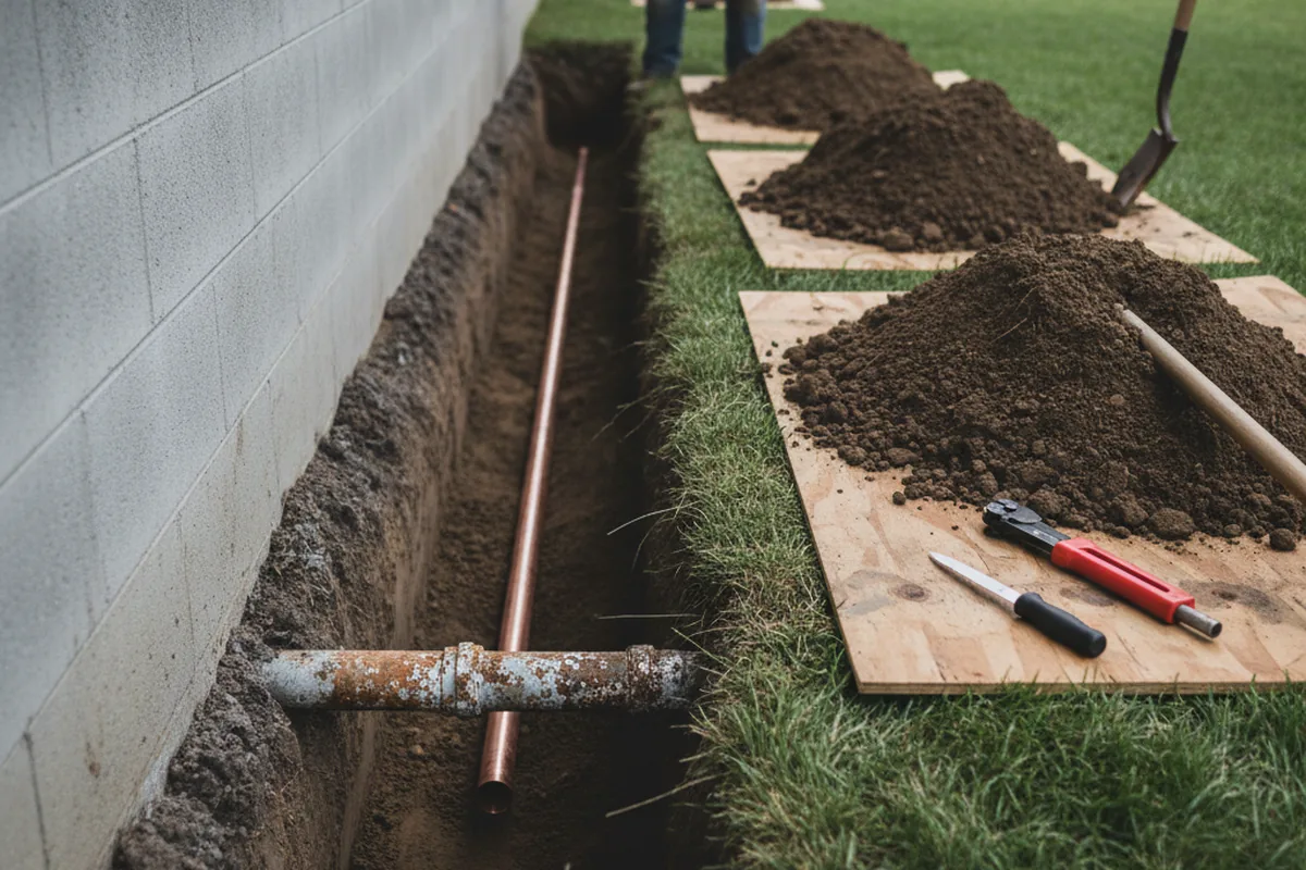 Excavated water line trench during Water Softener Installation in Silver Spring